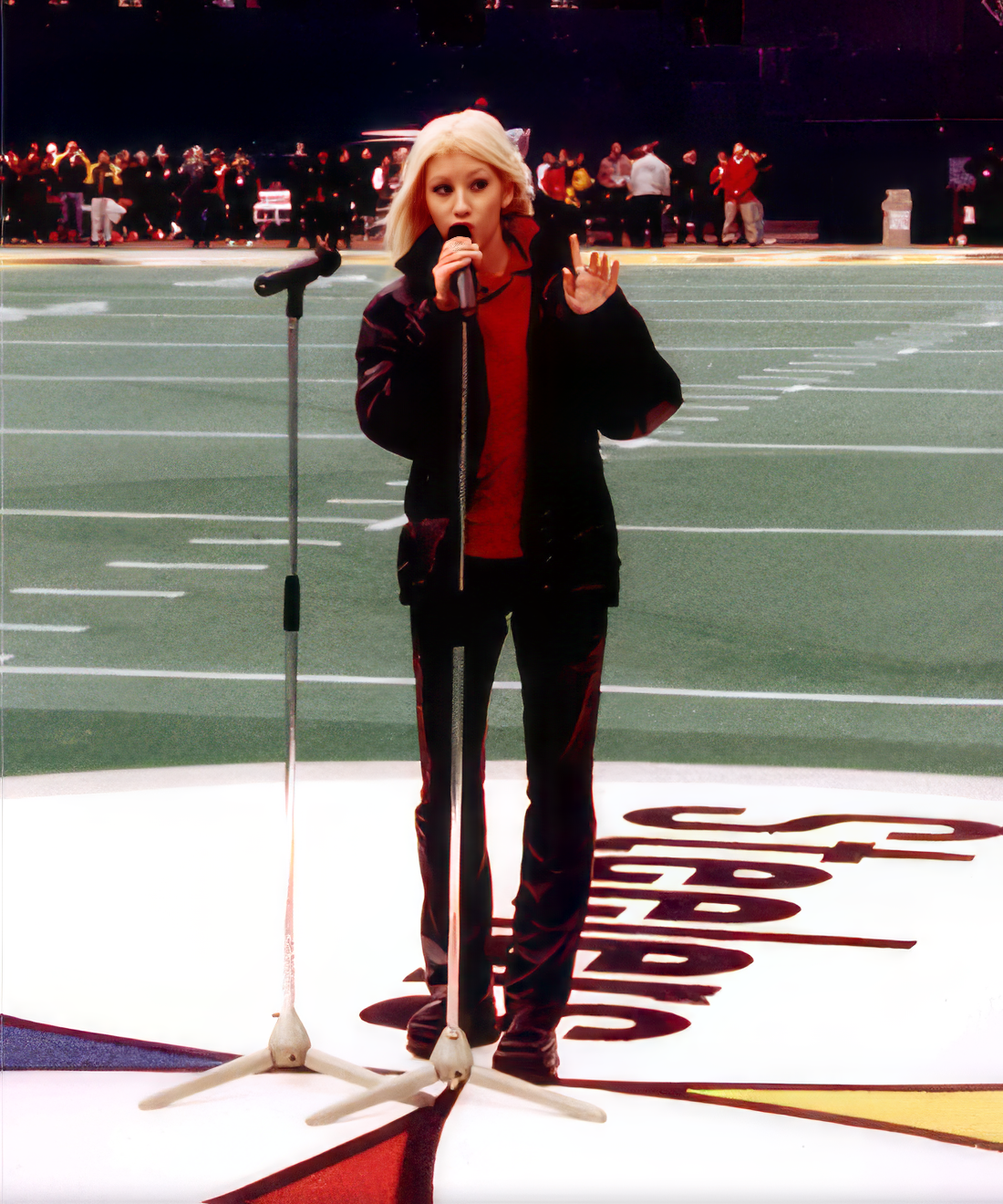 Christina, singing the National Anthem at a Pittsburgh Steelers game.
Christina, singing the National Anthem at a Pittsburgh Steelers game.