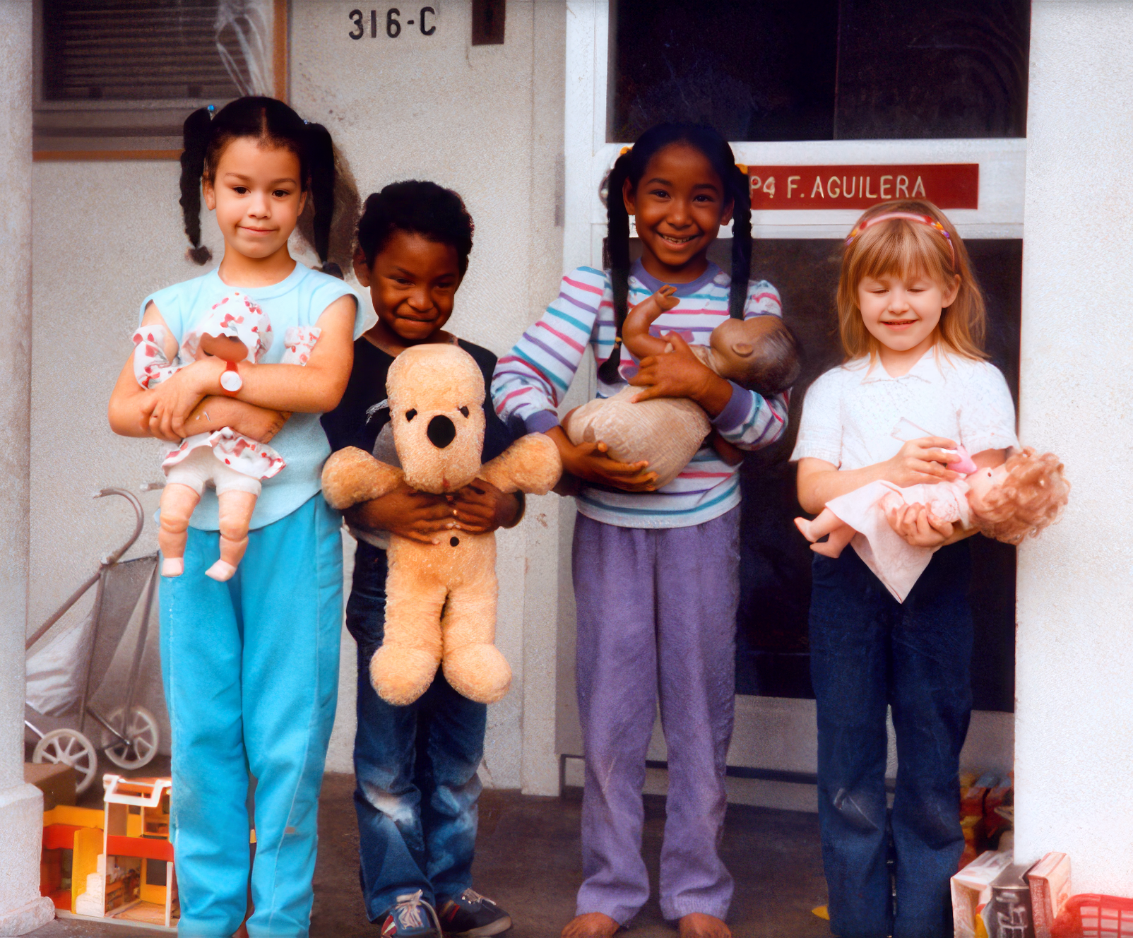 Christina, age 4 1/2, with neighborhood friends on the porch of an army quarters in Japan.
Christina, age 4 1/2, with neighborhood friends on the porch of an army quarters in Japan.
